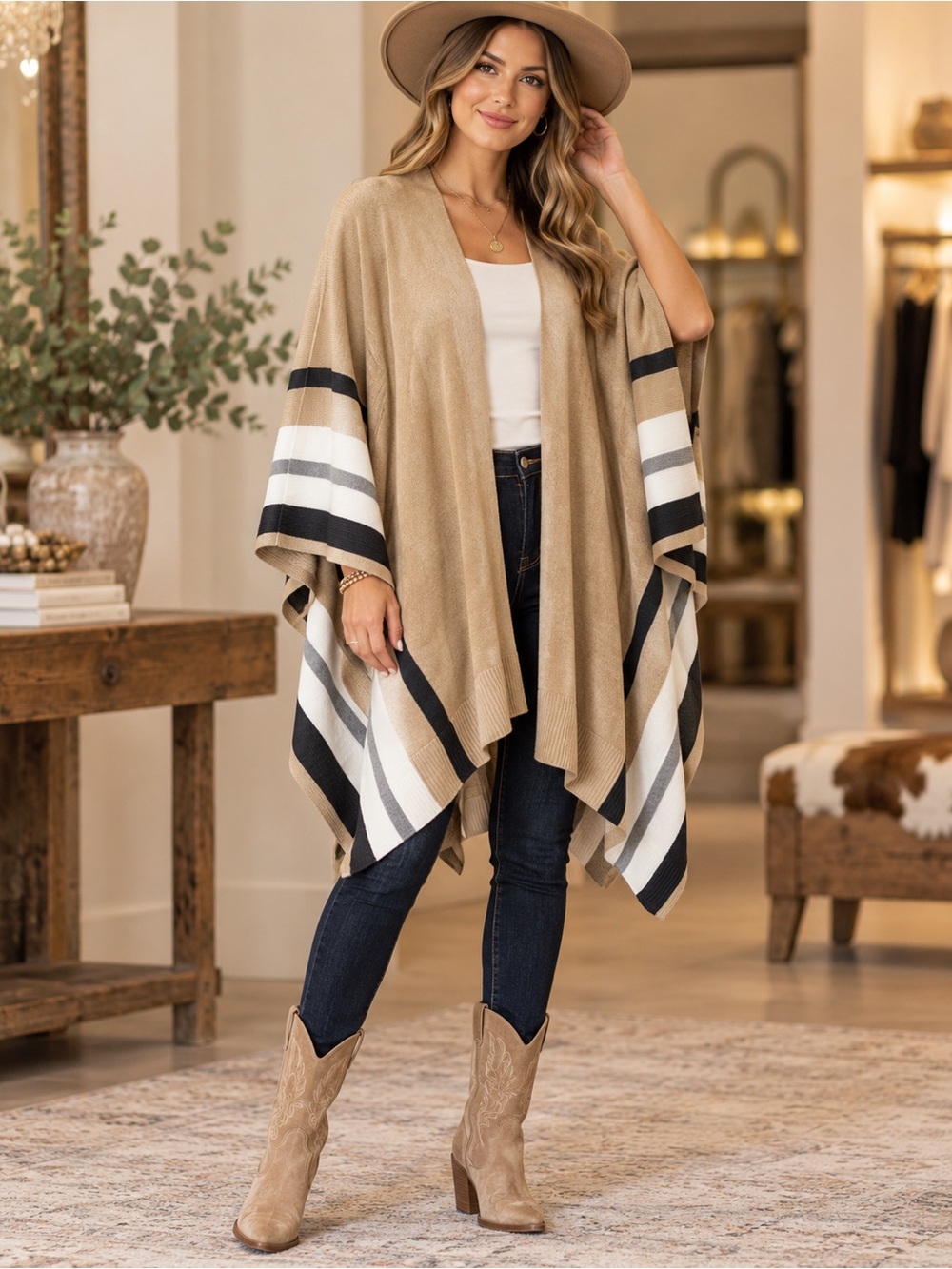 Calvin Klein NWT 100% Cotton Ruana Poncho Wrap One Size Tan Black White